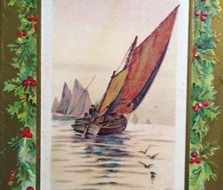 Christmas Postcard Sailing Ships Boats Harbor Embossed Unused Gold Standard - £22.04 GBP