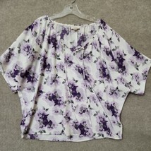 LOFT Peasant Floral Blouse Top Womens L White Purple Oversized Short Sleeve - £17.78 GBP