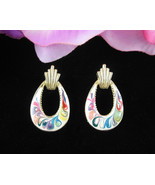 ENAMEL SWIRLS On White Pierced Earrings Vintage Teardrops Goldtone Made USA - $14.84