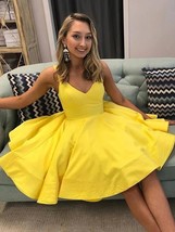 V Neck Short Satin Homecoming Dress Yellow  - $79.00