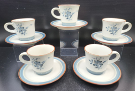 5 Noritake Pleasure Cups Saucers Set Vintage 8344 Blue Floral Band Brown Rim Lot - £30.67 GBP
