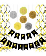 Black Happy Birthday Banner, With 6 Tissue Pom Poms 2 Gold Yellow Silver... - £10.07 GBP