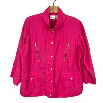 Chicos 2 Jacket Womens Large Pink 100% Linen 3/4 Sleeve Button Up Zip Pockets - £27.96 GBP