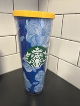 Starbucks Blue Cactus Flower Acrylic Tumbler Yellow Lid 24 Oz Heat Bump See Pics - £15.14 GBP
