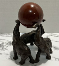 Brass Triple Three Lucky Elephants Holding Polished Red Agate Stone Sphere - $36.00