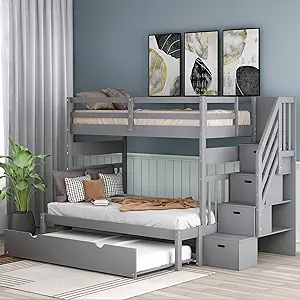 Twin Over Twin/Full Bunk Bed with Twin Size Trundleand Storage Staircase... - $1,277.99