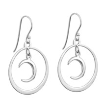 Symmetry Crescent Moon Round Hoop Sterling Silver Dangle Earrings - £11.39 GBP