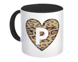 Monogram Letter P : Gift Mug Cheetah Heart Initial ABC Animal Print - £12.49 GBP