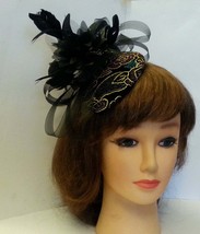 Black Fascinator hat Vintage 1940s-50s Fascinator hat Black foil print Velvet Te - £25.86 GBP