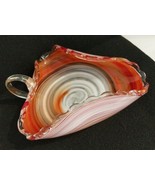 Vintage Murano Art Glass Orange Red Swirl Rolled Scallop Edge Nappy Dish Handle - £27.33 GBP