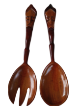 Wooden Serving Spoon And Fork Faces On Dark Handles - £11.19 GBP