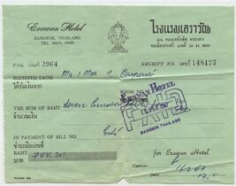 Erawan Hotel Paid Receipt 1967 Bangkok Thailand  - $13.86