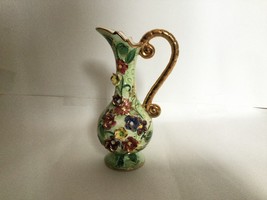 Japanese porcelain water pitcher green with 3D applied flowers gold gild... - $50.00