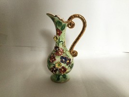 Japanese porcelain water pitcher green with 3D applied flowers gold gild... - £39.31 GBP