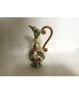Japanese porcelain water pitcher green with 3D applied flowers gold gild... - £40.21 GBP