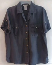 Anna and Frank 100% Silk Black Blouse Button Up Short Sleeve Pockets Wom... - $15.64
