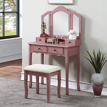 Vanity Makeup Table Mirror Stool Wood Desk Drawers Folding Mirrors Bedroom Pink - £229.44 GBP