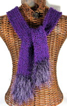 Purple Knit Scarf 70&quot; Homespun Yarn Fun Fur Washable Dry OOAK Handmade USA #134X - £30.53 GBP