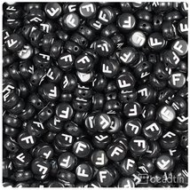 BeadTin Black Opaque 7mm Coin Plastic Alphabet Beads - White Letter F (1... - $2.09