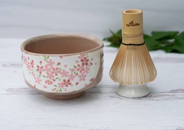 Ceramic Matcha Set with Flowers  - Japanese Matcha Bowl, Bamboo Matcha Whisk and - £36.13 GBP