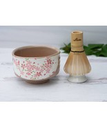 Ceramic Matcha Set with Flowers  - Japanese Matcha Bowl, Bamboo Matcha W... - $61.53 CAD