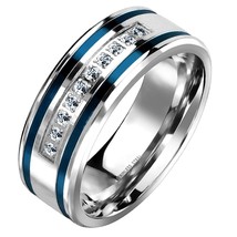 Men Blue Wedding Band 316L Surgical Stainless Steel Cubic Zirconia Modern Ring - £13.58 GBP