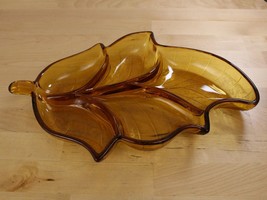 Viking Glass Divided Leaf Serving Dish Compartment Tray 13&quot; Platter Amber MCM - £31.84 GBP