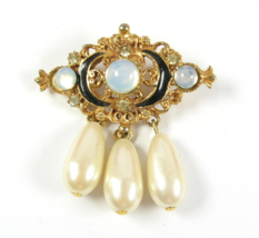 3 Moonglow Vintage Pin Triple Teardrop Faux Pearl Glass Beads &amp; Black Goldtone - £19.90 GBP