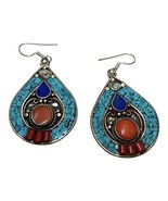 Turquoise and Coral Jewelry Bohemian Tribal Earrings Handcrafted - $55.43
