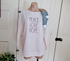 Rae Dunn sweatshirt tunic XS Sea Salt ivory hi-lo soft socks Peace Love Hope New - £20.32 GBP
