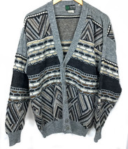 Vintage Tris Line Wool Blend Men&#39;s Cardigan Winter Sweater Size L Made Italy - £18.68 GBP