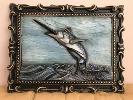 Fishing Fish Marlin Large Wood Carving Picture 3D Handmade Gift Panno Wall Decor - £165.16 GBP