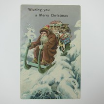 Vintage Christmas Postcard Santa Sleigh Toys Snowy Hill Silver Embossed Antique - £16.01 GBP
