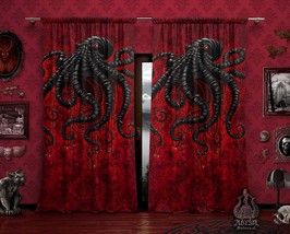 Black Octopus, Bloody Red Curtains, Gothic Home Decor Window Drapes, Sheer and B - £131.09 GBP
