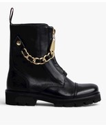 Zadig &amp; Voltaire Joe Cecilia Smooth Leather Combat Boots Gold Chain Logo... - $347.32 CAD