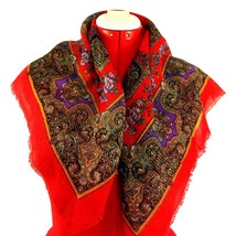 50s Fashion Floral Paisley Square Scarf Unrolled Hem Gold Metallic Thread - £23.91 GBP