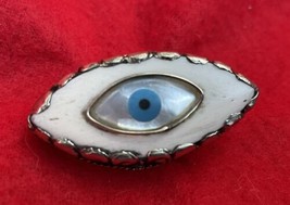 Tantric Buddhist Mother Of Pearl Evil Eye In Embossed Silver Ring - $35.00