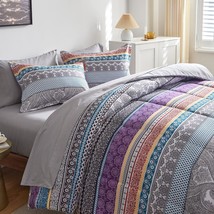 Bohemian Bed In A Bag 7 Pieces Queen Size, Colorful Boho Purple Orange Gray Stri - £70.12 GBP