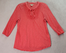 Lucky Brand Blouse Top Womens Medium Pink Cotton Long Sleeve V Neck Tie Front - £14.93 GBP