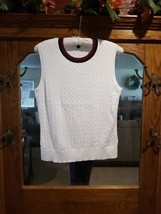 Brooks Brothers White Cotton Cable Knit Sleeveless Sweater Size L Burg Blue Trim - £22.58 GBP