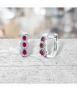 Genuine Ruby Halo Hoop Earrings in Solid Sterling Silver - 2 ct. - $80.15