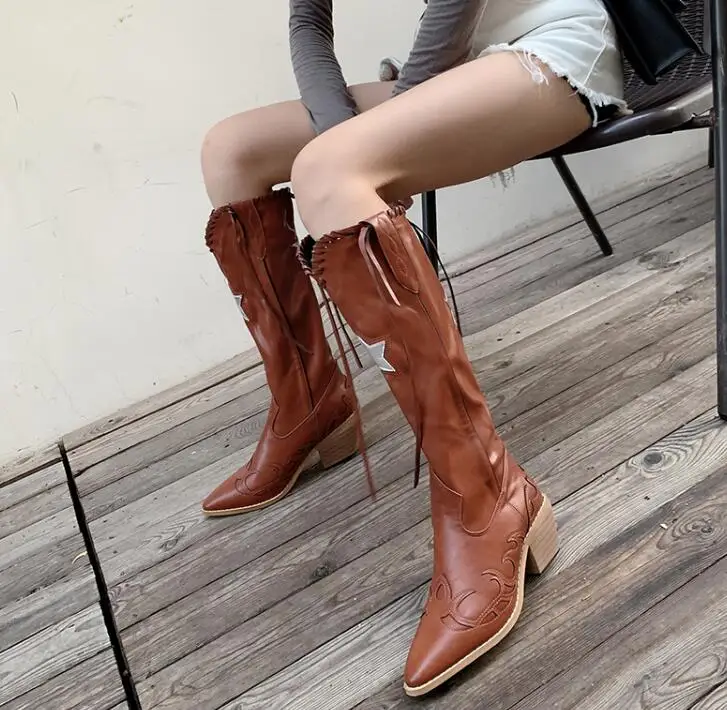 Ny boots 2022 autumn new retro tassel knight knee high fashion boots women brown chunky thumb200