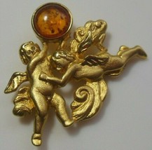Vintage Signed LS &quot;Louis Stern&quot; Brooch Gold-tone Amber Color Cherub Angels - £15.10 GBP