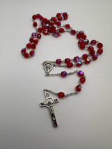 Vintage Red Iridescent Silver Rosary - £15.57 GBP