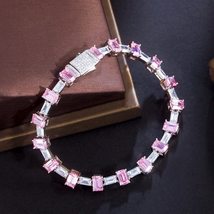 Genuine Princess Cut Pink Cubic Zirconia Stone Safety Clasp Luxury CZ Tennis Lin - £25.16 GBP