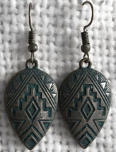 New Boutique Turquoise Patina Aztec Teardrop Earrings Southwestern Boho Pewter - £7.12 GBP