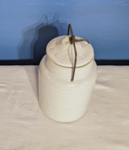 Antique Western Stoneware 9&quot; Lidded Jar Crock Weir Seal Wire Bale Monmouth USA - £27.83 GBP