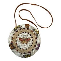 Handmade Round Rattan Crossbody Bag – Butterfly Design – 7.5 x 3 in – Ne... - $30.00
