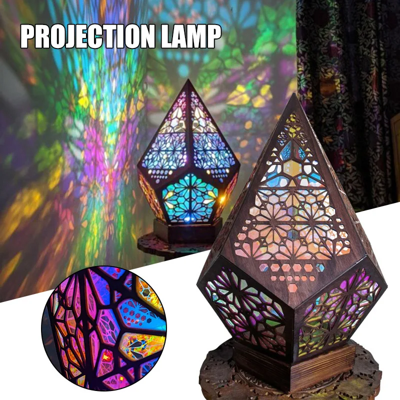 Wooden Floor Lamp Projection Night Lamp Bohemian Colorful Projector Desk Lamp - £18.17 GBP+
