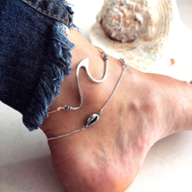 Shell Wave Ocean Ankle Bracelet Beech Silver Tone Chain and Cord Anklet 2 Pcs - £3.93 GBP